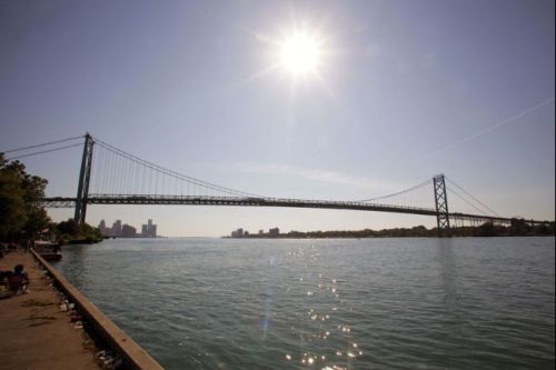 Ambassador Bridge. Detroit, left. Windsor, Ontario, Canada, right.