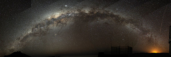 Not seen in Los Angeles, a fish-eye mosaic of the Milky Way arching at a high inclination across the night sky, shot from a dark sky location in Chile from the wiki.