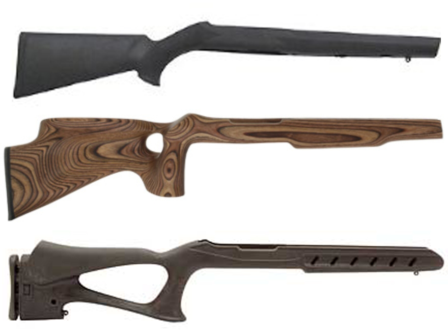 Top to bottom: standard rifle stock, thumbhole stock, pistol grip stock.