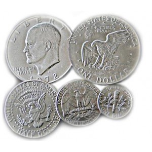 Silver dollar, top, half dollar, quarter, dime, bottom. image from houdini,com.