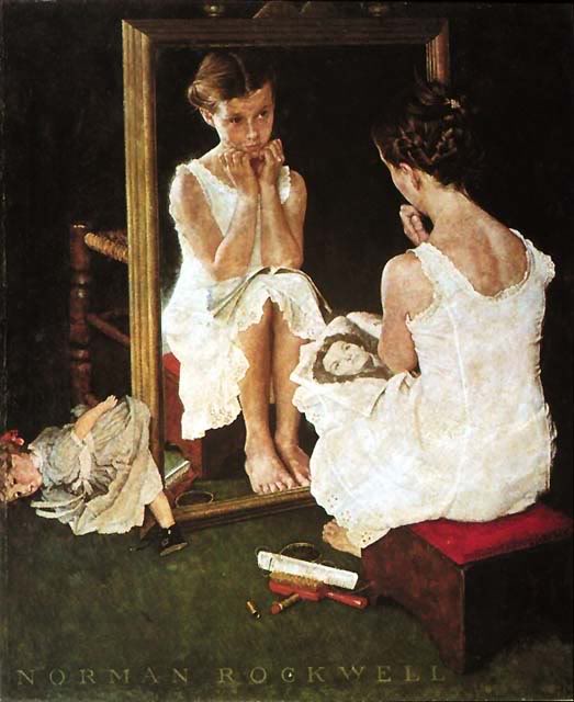 I grew up with a signed print of this painting. It's still one of my favorites. Girl At The Mirror, Norman Rockwell, 1954.