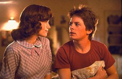 Michael J.Fox's mom wants to bone him. This is an example of bad time traveling etiquette. Back To The Future, Universal Pictures, 1985.