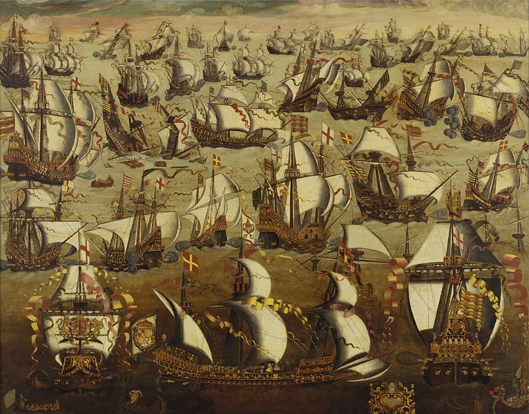 The Invincible Armada proves to be pretty vincible after all. n  English ships and the Spanish Armada, August 1588. Image from Wiki.