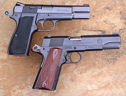 Top: Browning Hi Power 9mm. Bottom: Springfield 1911 .45 ACP. (www.hipowersandhandguns.com) 